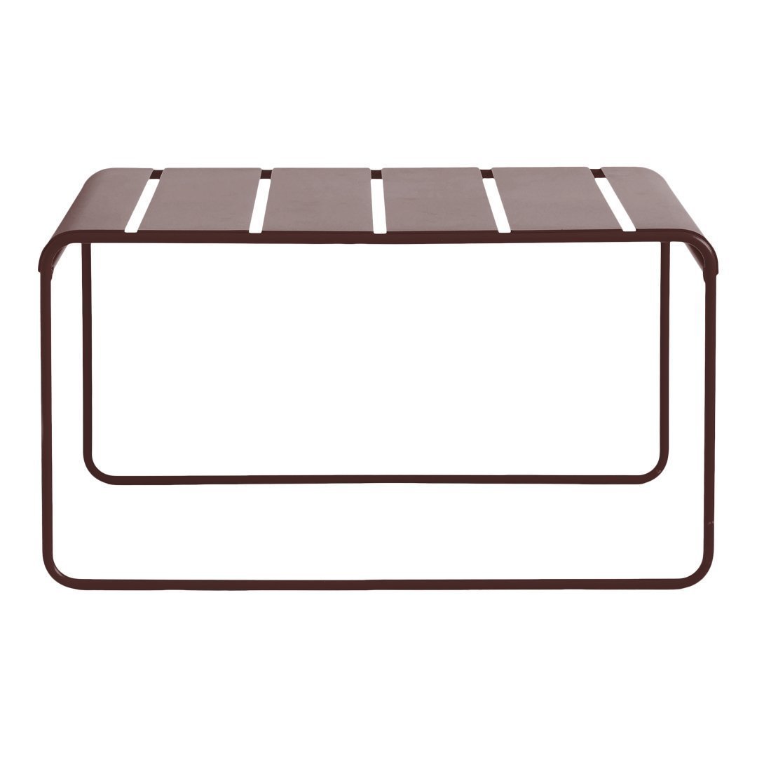 Brown metal coffee table with stylish slatted design and minimalist frame. Perfect for modern decor.