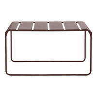 Brown metal coffee table with stylish slatted design and minimalist frame. Perfect for modern decor.
