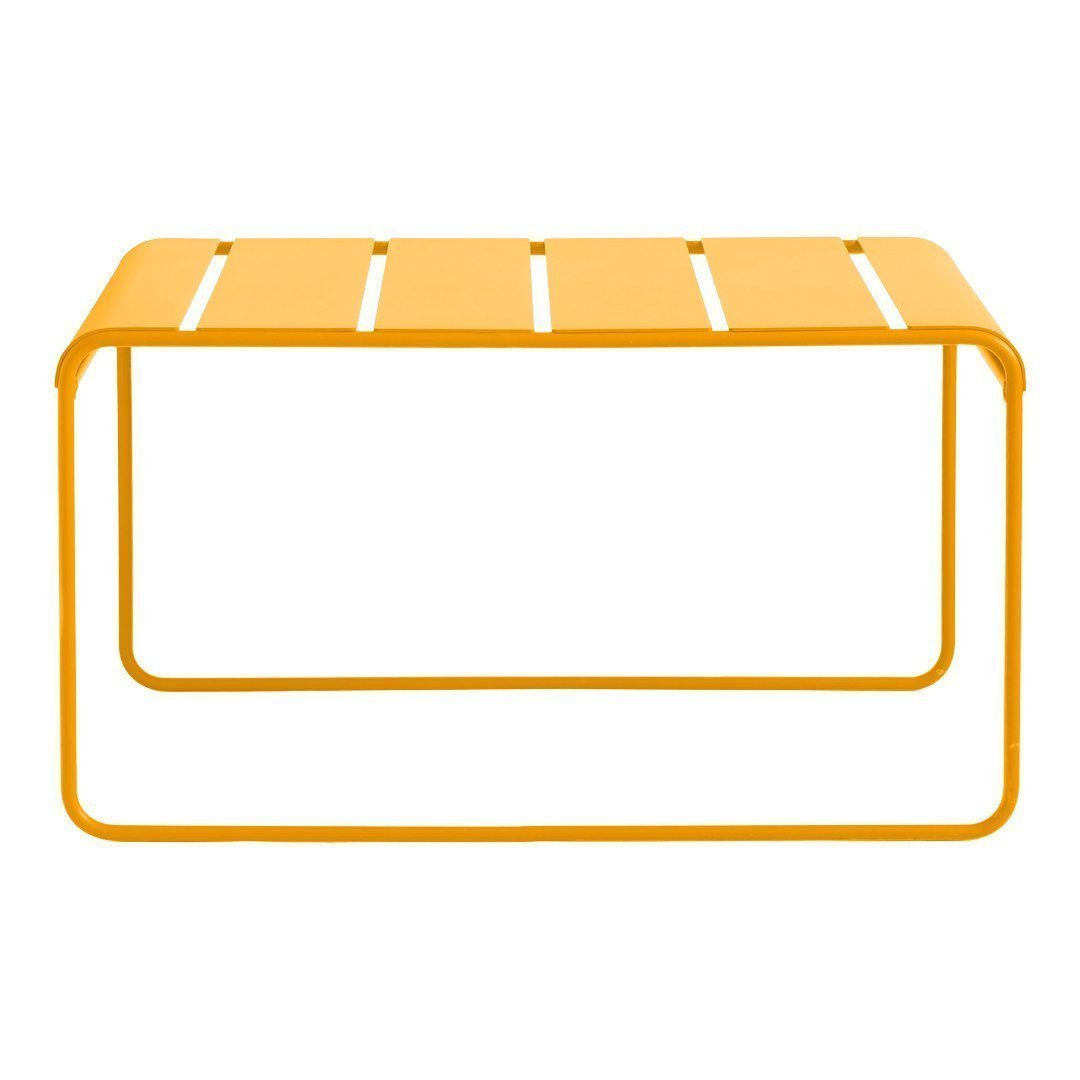 Bright yellow metal table with slatted top and minimalist design, perfect for indoor or outdoor use.