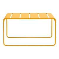 Bright yellow metal table with slatted top and minimalist design, perfect for indoor or outdoor use.