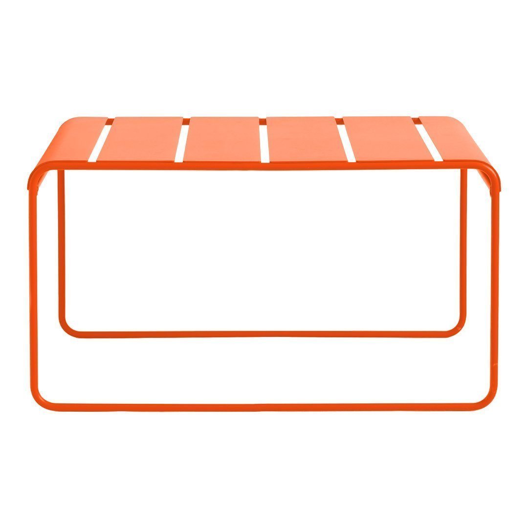 Bright orange metal coffee table with sleek slatted design and minimalist frame. Perfect for modern spaces.