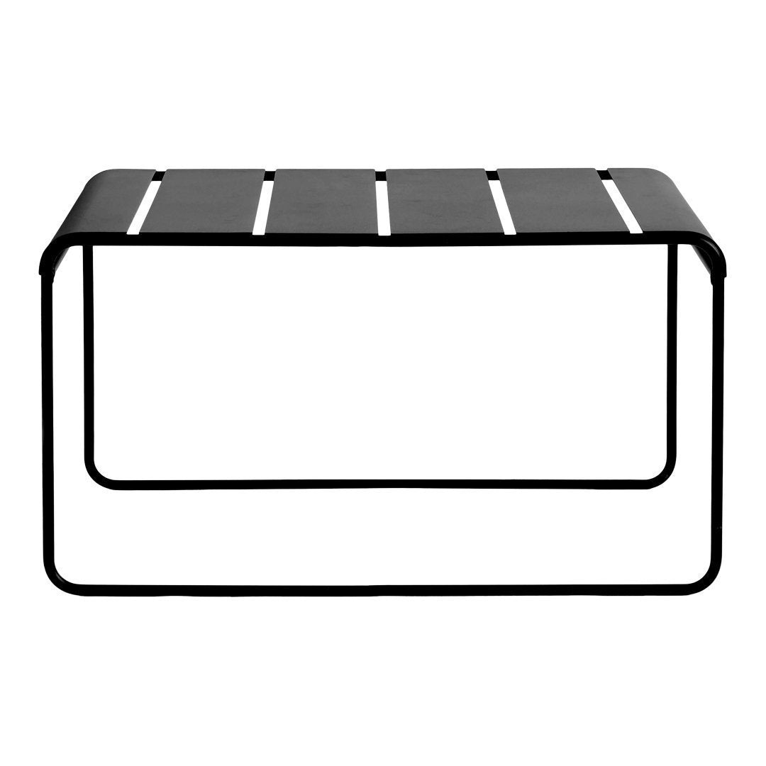 Black metal coffee table with striped pattern on the top. Smooth lines and modern design enhance any decor.