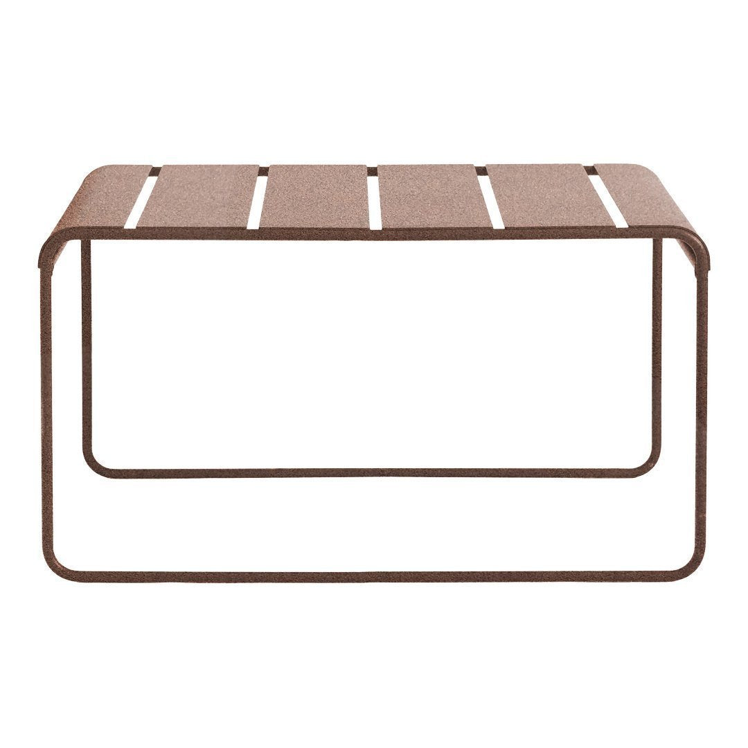Brown striped metal coffee table with a sleek, modern design and open framework. Perfect for indoor or outdoor use.