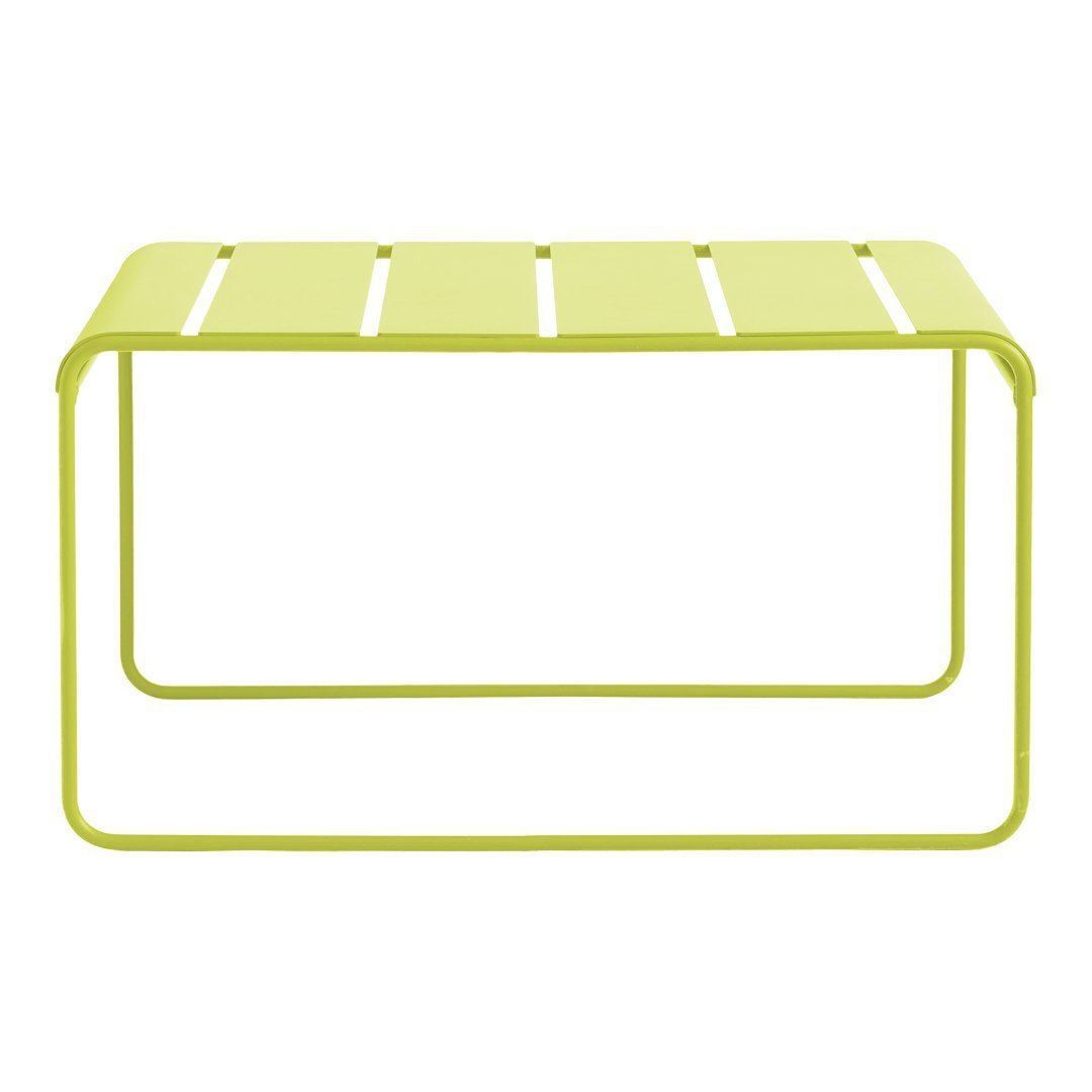 Bright lime green metal coffee table with slatted top and sleek geometric design. Perfect for modern decor.