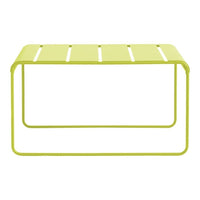 Bright lime green metal coffee table with slatted top and sleek geometric design. Perfect for modern decor.