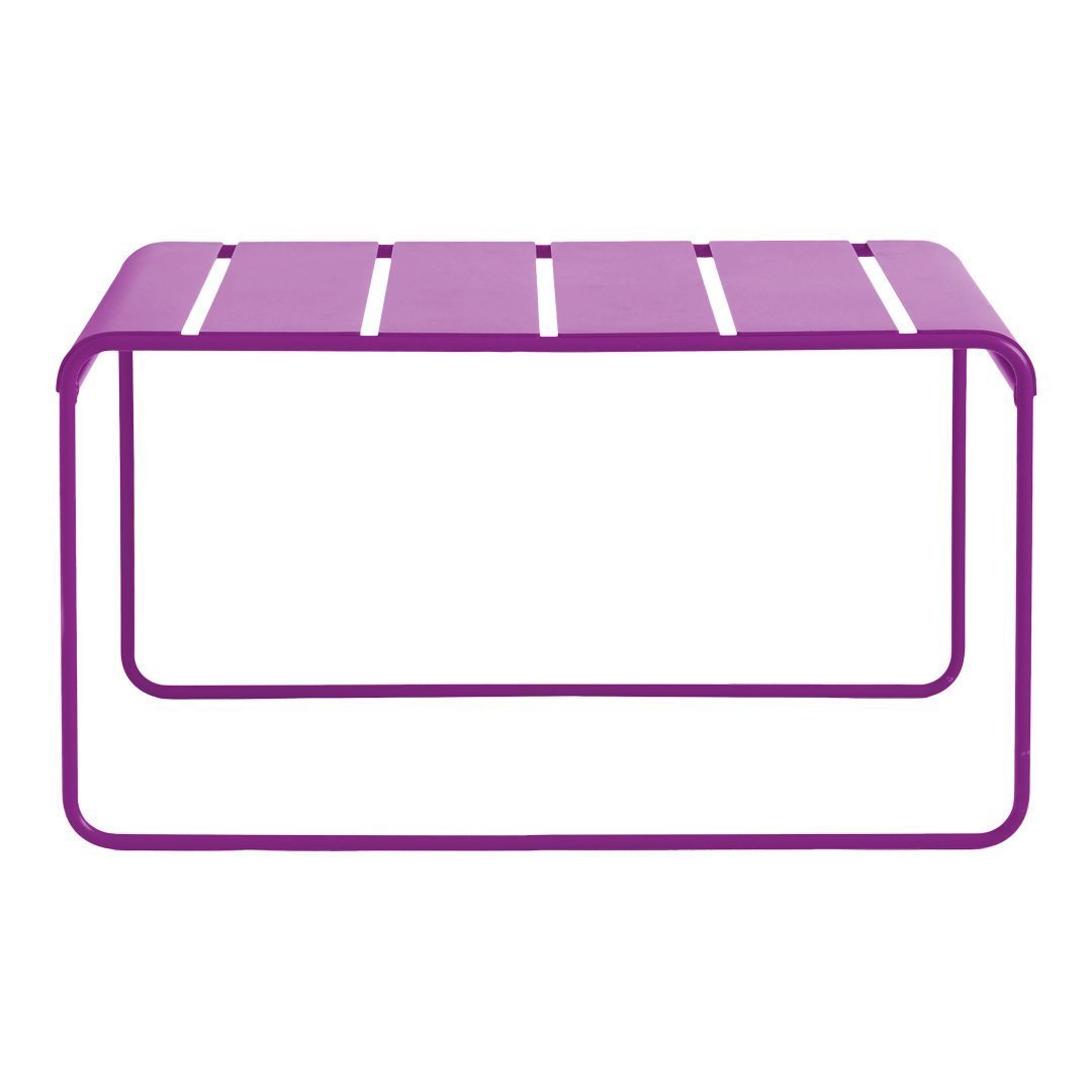 Vibrant purple metal coffee table with striped pattern for a modern, stylish look.