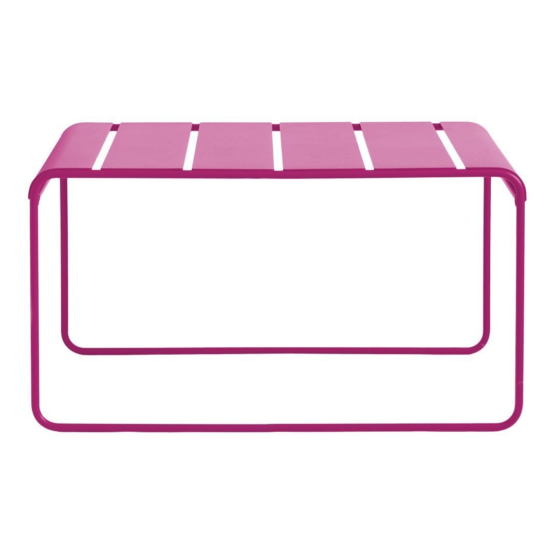 Pink metal coffee table with slatted design, featuring a modern and vibrant aesthetic for indoor or outdoor use.