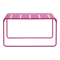 Pink metal coffee table with slatted design, featuring a modern and vibrant aesthetic for indoor or outdoor use.