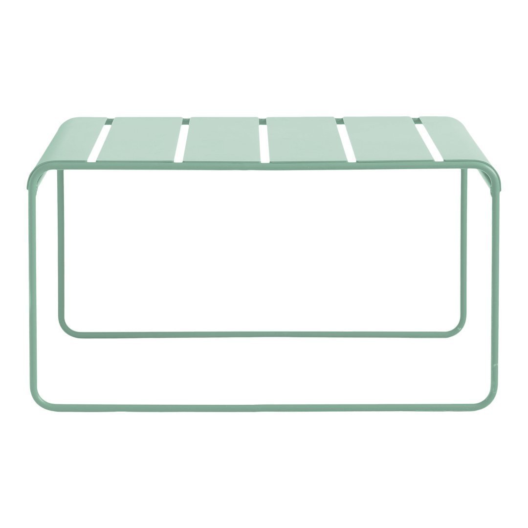 Mint green metal table with a sleek, slatted design and minimalist rectangular frame. Perfect for modern decor.