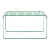 Mint green metal table with a sleek, slatted design and minimalist rectangular frame. Perfect for modern decor.