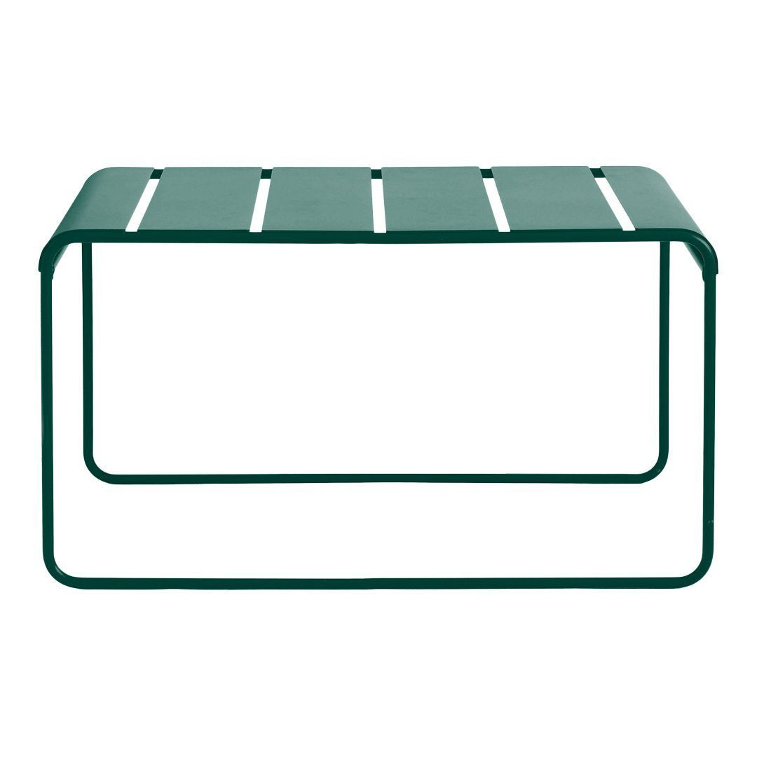 Green metal coffee table with slatted design, featuring a sleek modern finish and minimalistic aesthetic.
