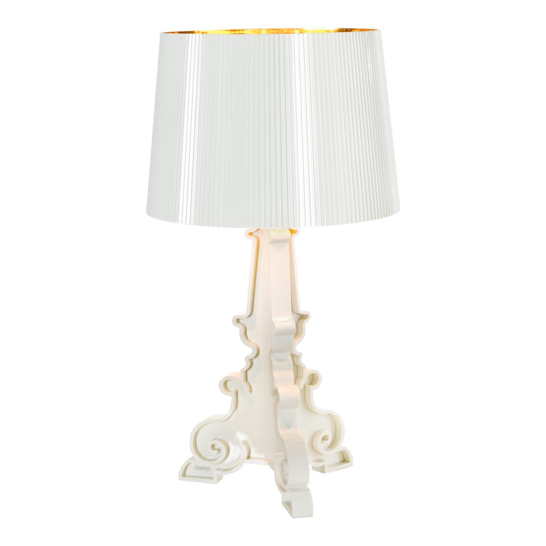 Elegant white lamp with a textured pleated shade and intricate gold interior detailing. Perfect for stylish decor.