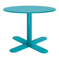 Turquoise round table with a sleek, minimalist design and a sturdy cross-shaped base. Perfect for modern decor.