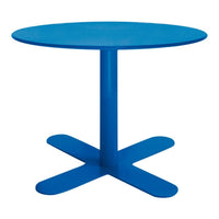 Round blue table with a sleek, smooth finish and a modern cross base design. Perfect for contemporary spaces.