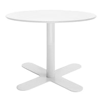 White round dining table with a sleek, minimalistic design and a smooth finish. Perfect for modern decor.
