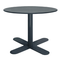 Round black table with a smooth surface and a sleek pedestal base featuring a minimalist design. Ideal for modern decor.