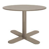 Round taupe table with a smooth surface and a modern cross-base design. Ideal for contemporary spaces.