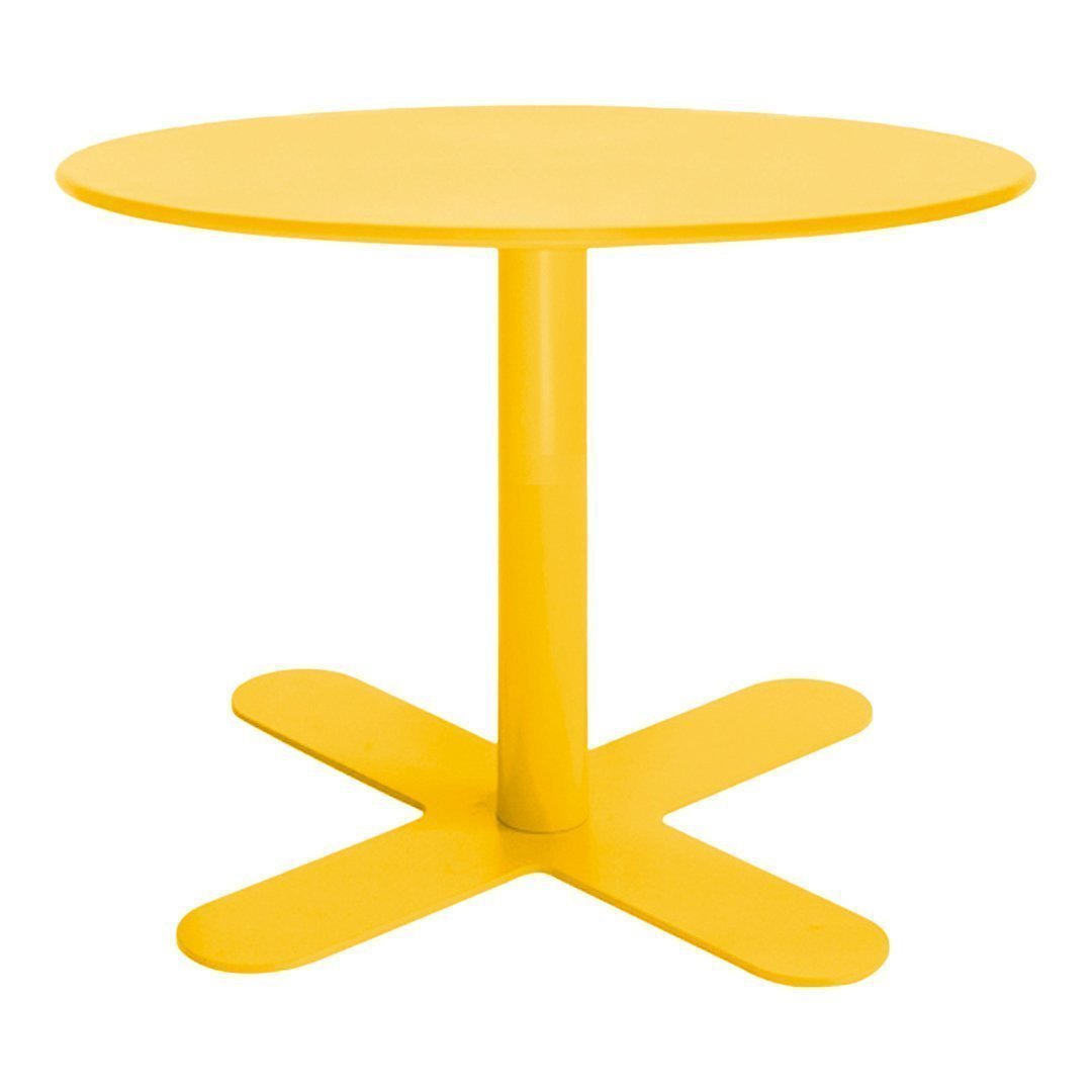 Bright yellow round table with a sleek design and sturdy cross-shaped base. Perfect for modern decor.