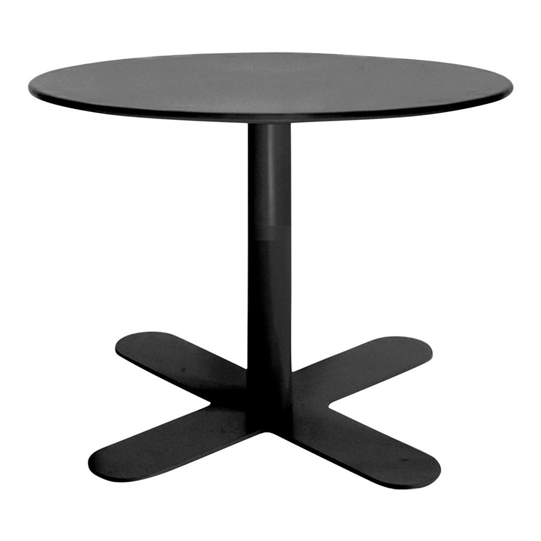 Round black table with a smooth surface and a modern, minimalist design. Perfect for contemporary spaces.