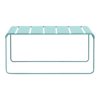Aqua blue metal coffee table with striped slat design and minimalist frame, perfect for modern decor.