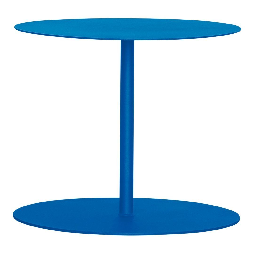 Round two-tier table in vibrant blue with sleek, modern design and smooth surfaces. Perfect for contemporary decor.