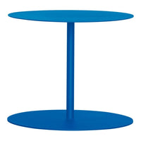 Round two-tier table in vibrant blue with sleek, modern design and smooth surfaces. Perfect for contemporary decor.