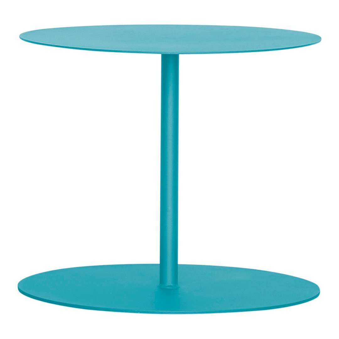 Turquoise metal side table with a sleek, minimalist design and two circular surfaces. Ideal for modern decor.