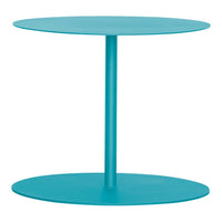 Turquoise metal side table with a sleek, minimalist design and two circular surfaces. Ideal for modern decor.