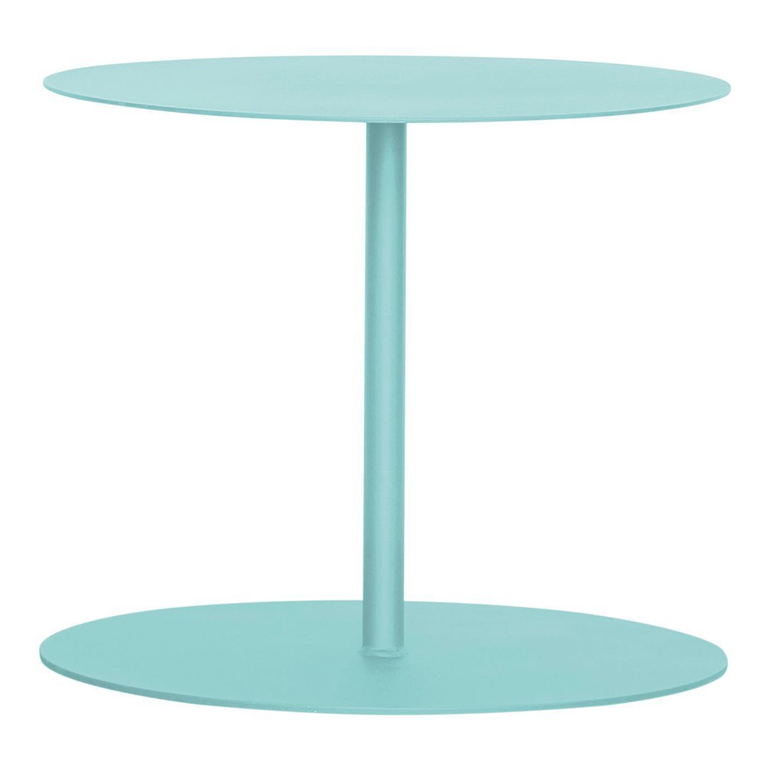 Turquoise round two-tier side table with a sleek, minimalistic design perfect for modern decor.
