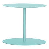 Turquoise round two-tier side table with a sleek, minimalistic design perfect for modern decor.