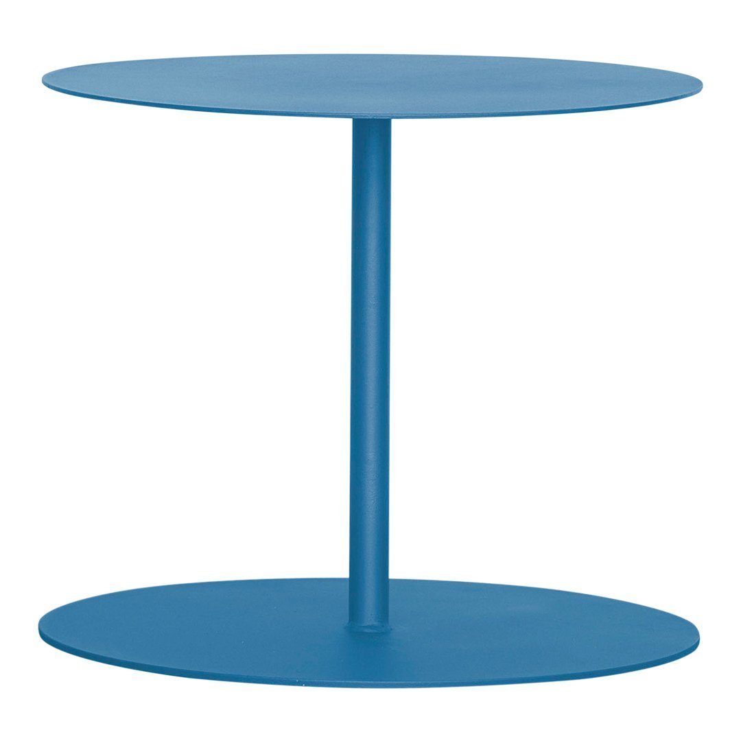 "Modern round side table in vibrant blue with sleek, minimalist design and smooth finish."