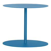 "Modern round side table in vibrant blue with sleek, minimalist design and smooth finish."