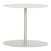 Minimalist round side table in soft gray finish with smooth, sleek surfaces. Ideal for modern decor.