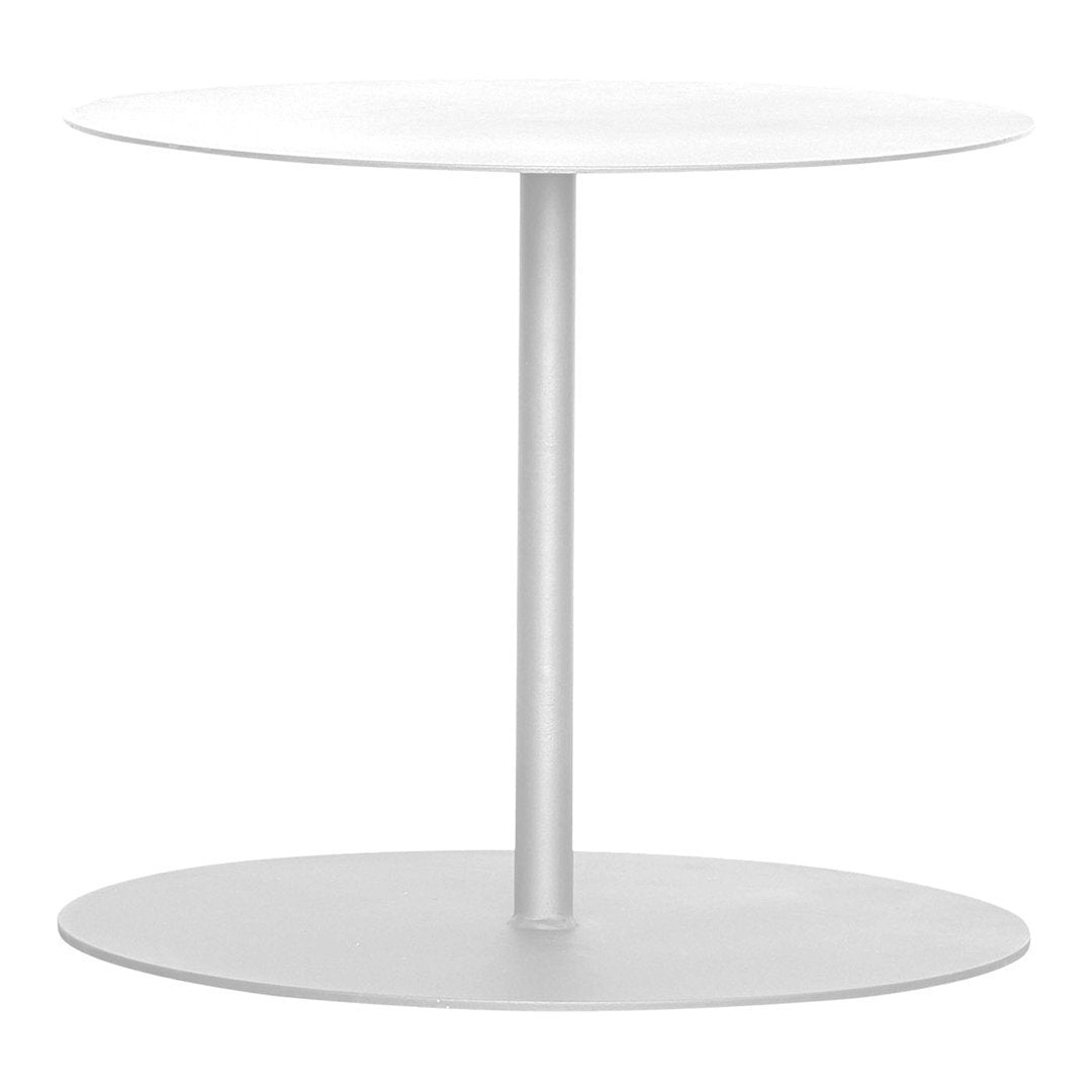 White round coffee table with a sleek metallic base and a minimalist design, perfect for modern decor.