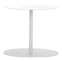 White round coffee table with a sleek metallic base and a minimalist design, perfect for modern decor.