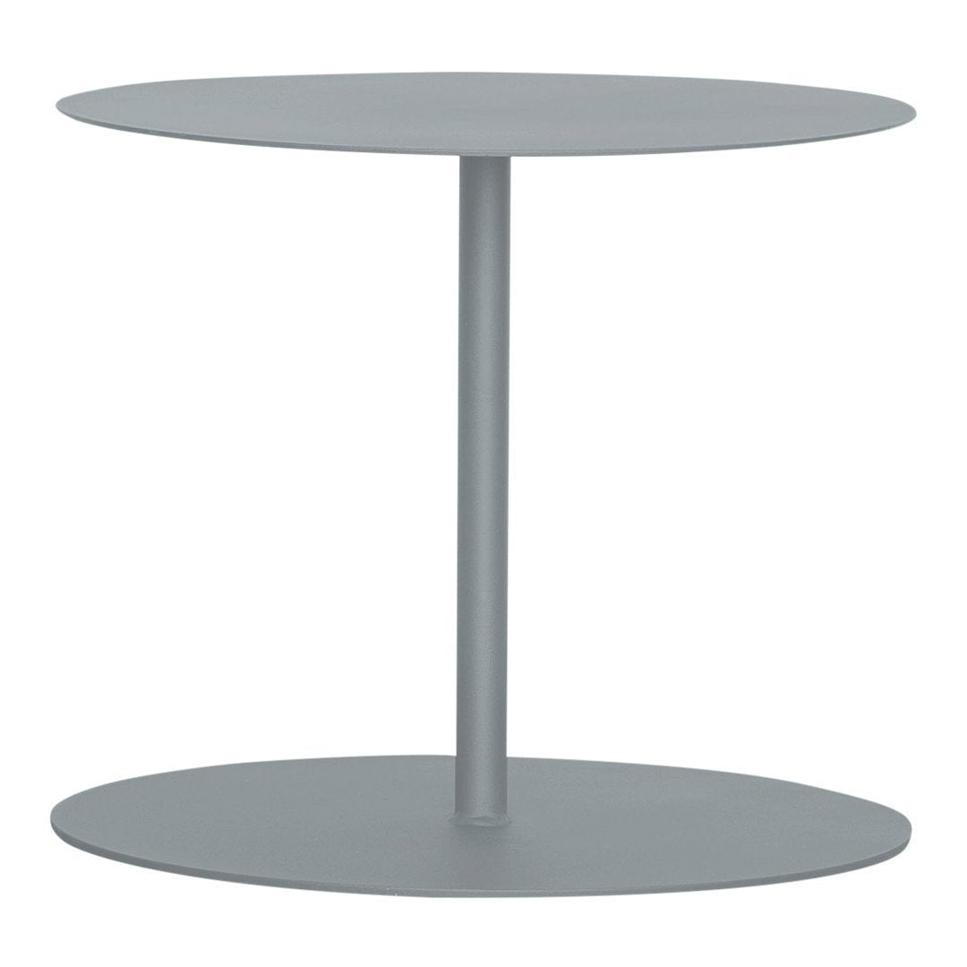 Light gray round side table with two smooth, circular surfaces and a minimalist design. Perfect for modern decor.