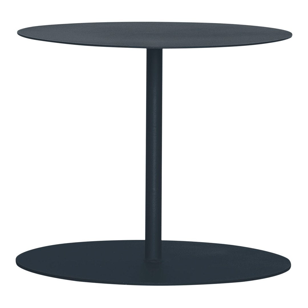 Sleek black round side table with two circular surfaces and a minimalist design. Perfect for modern decor.