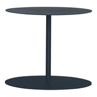 Sleek black round side table with two circular surfaces and a minimalist design. Perfect for modern decor.