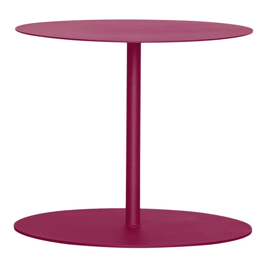 Round magenta side table with a sleek, minimal design and smooth, solid surface. Ideal for modern decor.