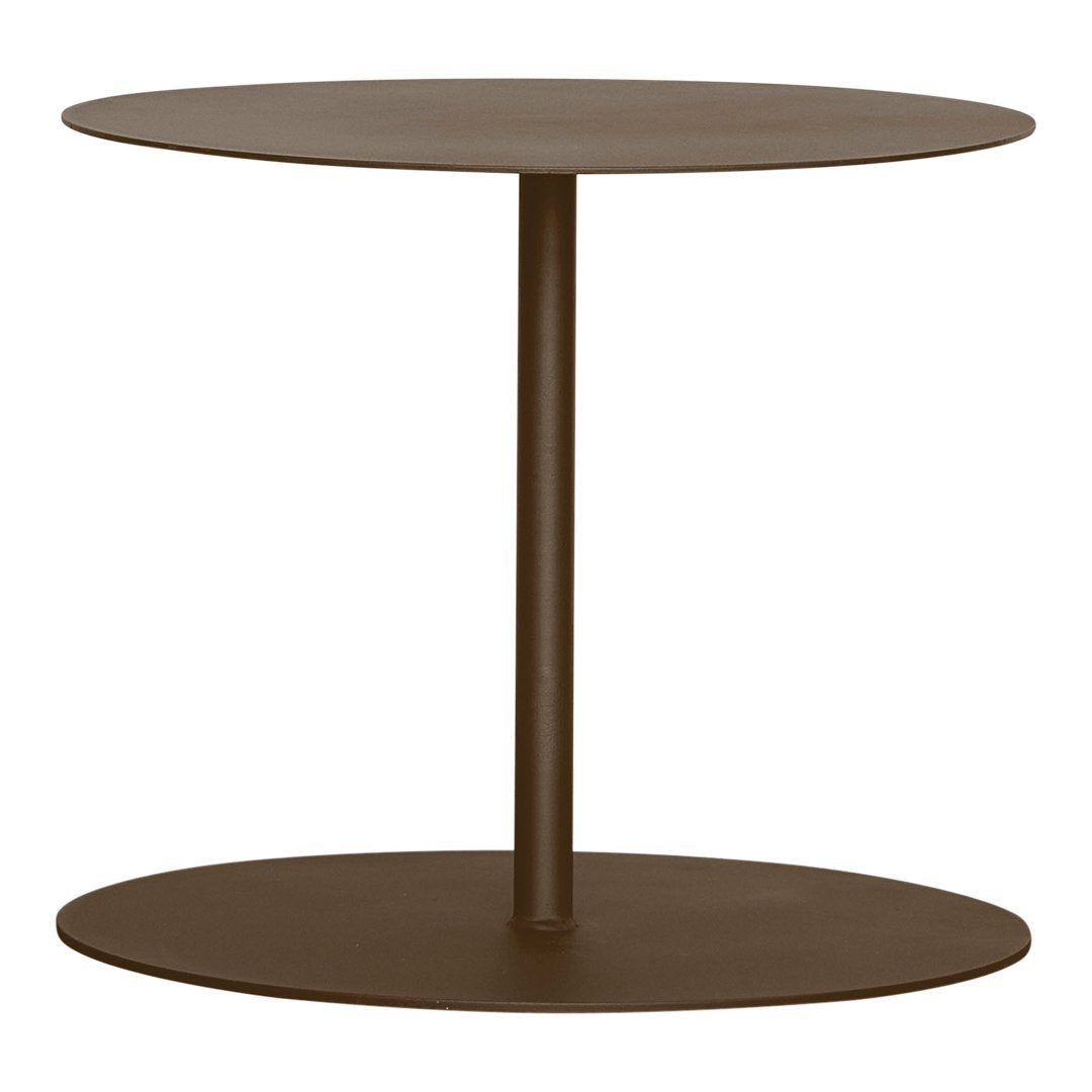 Brown round side table with a minimalist design, featuring a smooth surface and sleek circular patterns.