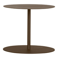 Brown round side table with a minimalist design, featuring a smooth surface and sleek circular patterns.