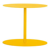 Bright yellow modern side table with smooth, rounded surfaces and a minimalist design. Perfect for adding a pop of color.