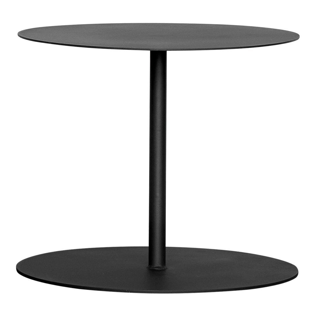 Black minimalist two-tier side table with a sleek, matte finish and simple geometric design.