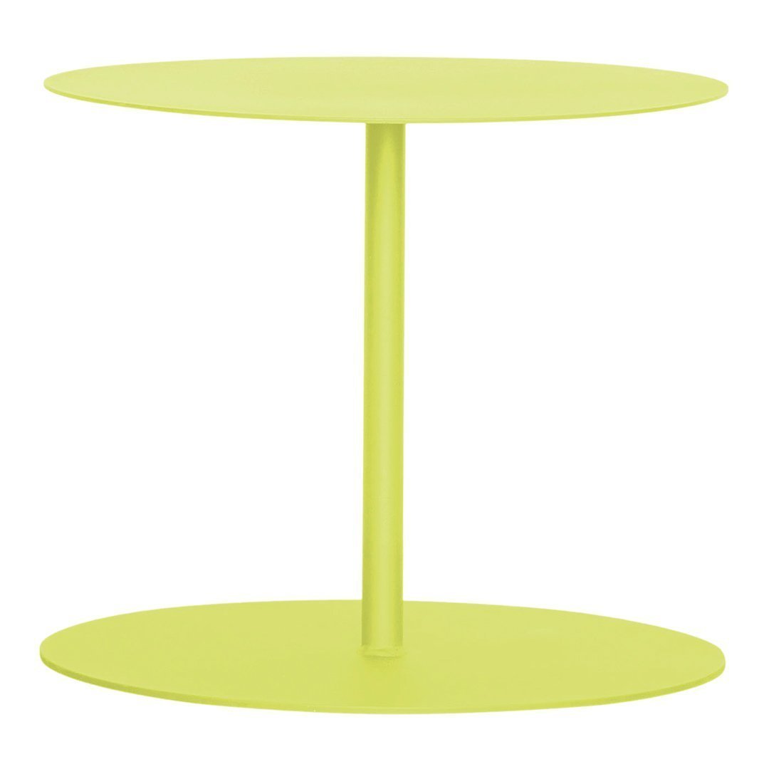 Bright lime green round side table with a sleek, minimalist design and two circular surfaces.