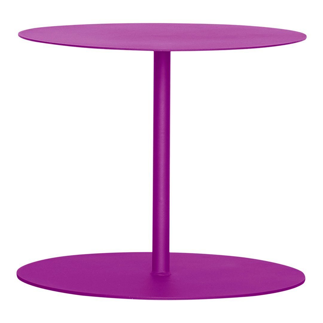 Bright purple round side table with a sleek, modern design and two circular surfaces. Perfect for any contemporary decor.
