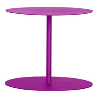 Bright purple round side table with a sleek, modern design and two circular surfaces. Perfect for any contemporary decor.