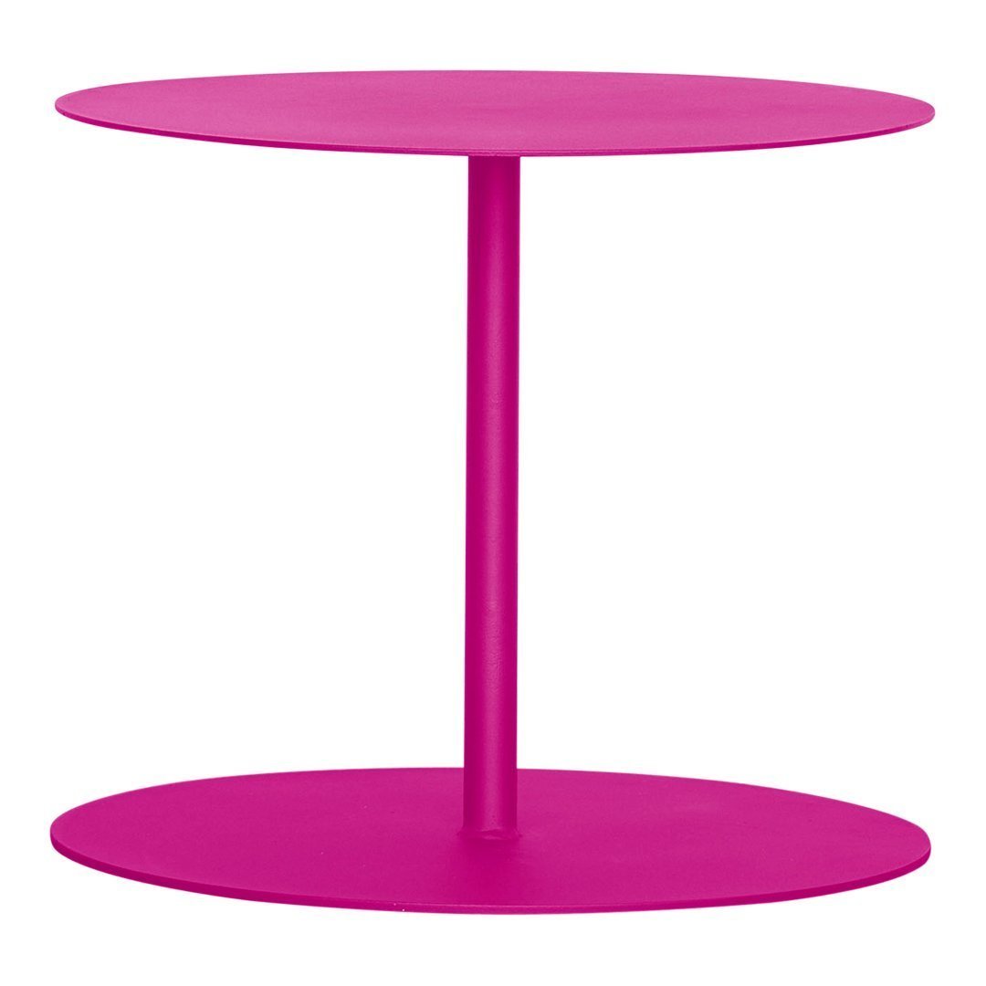 Bright pink two-tiered side table with smooth, round surfaces and a sleek design. Perfect for vibrant decor.
