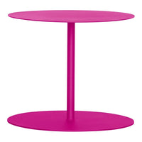 Bright pink two-tiered side table with smooth, round surfaces and a sleek design. Perfect for vibrant decor.