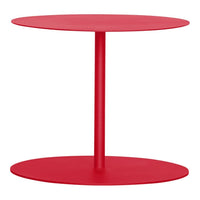 Red minimalist two-tier side table with circular top and base, featuring a sleek, modern design.