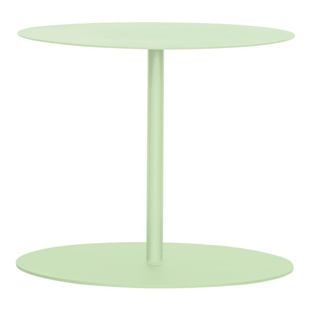 Mint green round table with two circular tiers and a slim central support, perfect for modern decor.